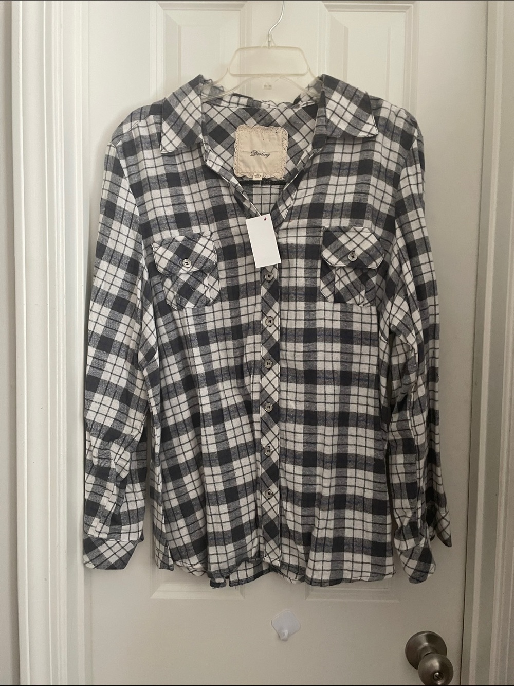 Women's Black & White Plaid Button-Down Shirt - Casual Everyday Flannel